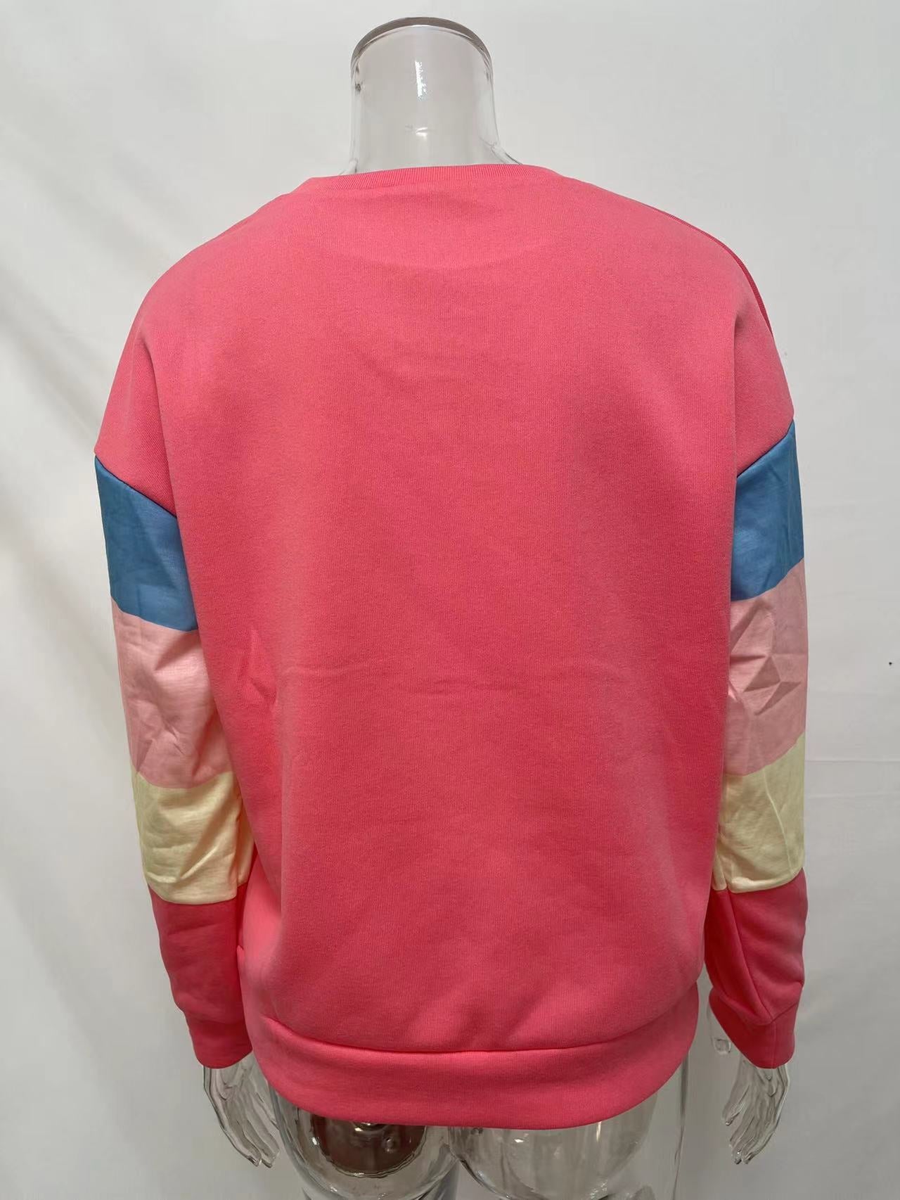 Pullover Sweatshirt Women Spring Autumn Round Neck Long Sleeve Contrast Color Long Sleeve T Shirt Women