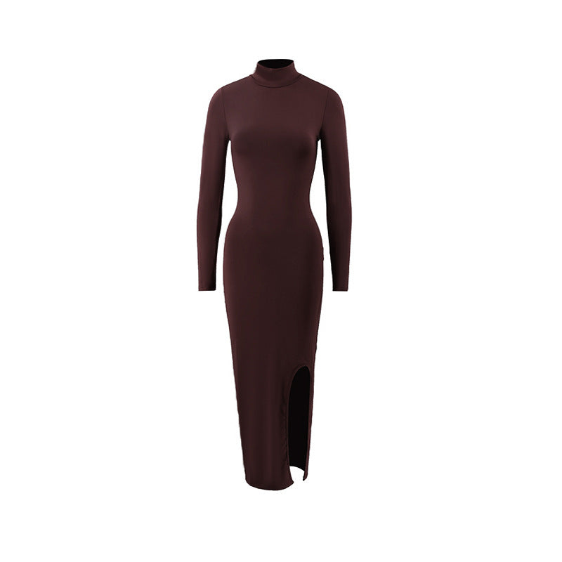 Autumn Elegant Socialite Private Clothes Stand Collar Long Sleeve Slim Sheath Split Dress Delivery