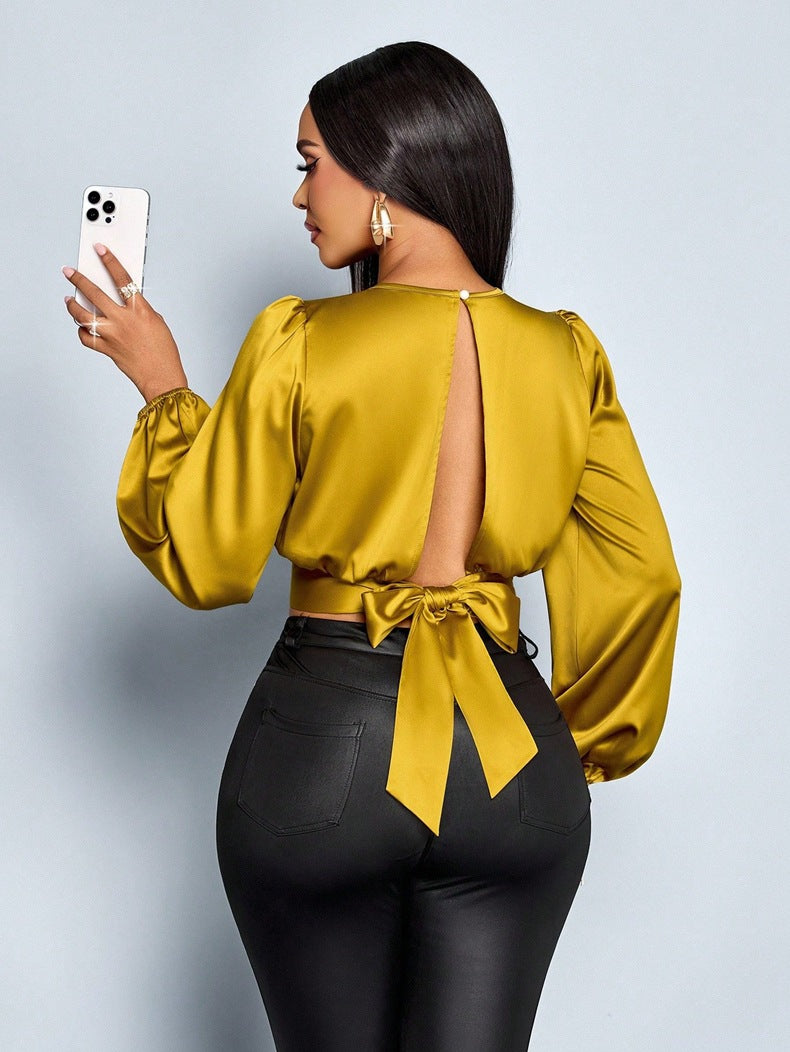 Women Clothing Fall Satin Satin Shirt Sexy Leopard Print Top Shirt