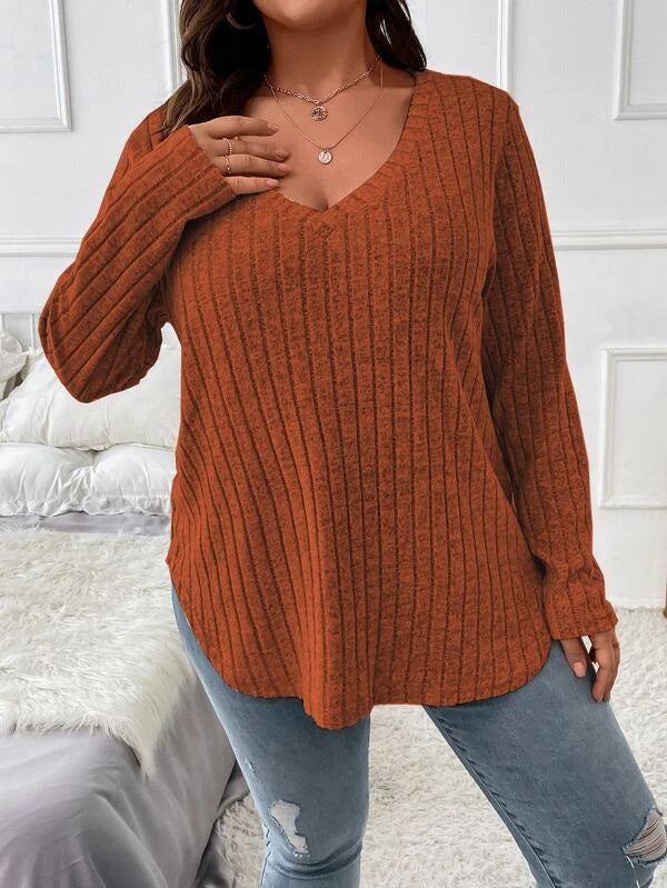 Autumn Winter Solid Color plus Size Women Clothes Top V neck Long Sleeve Sunken Stripe Brushed T shirt Loose Pullover