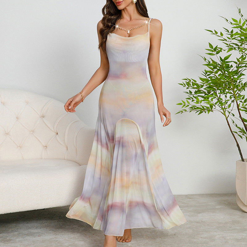 Breathable Comfortable Dress Women Printed Suspender Dress Mesh Swing Collar Nightdress