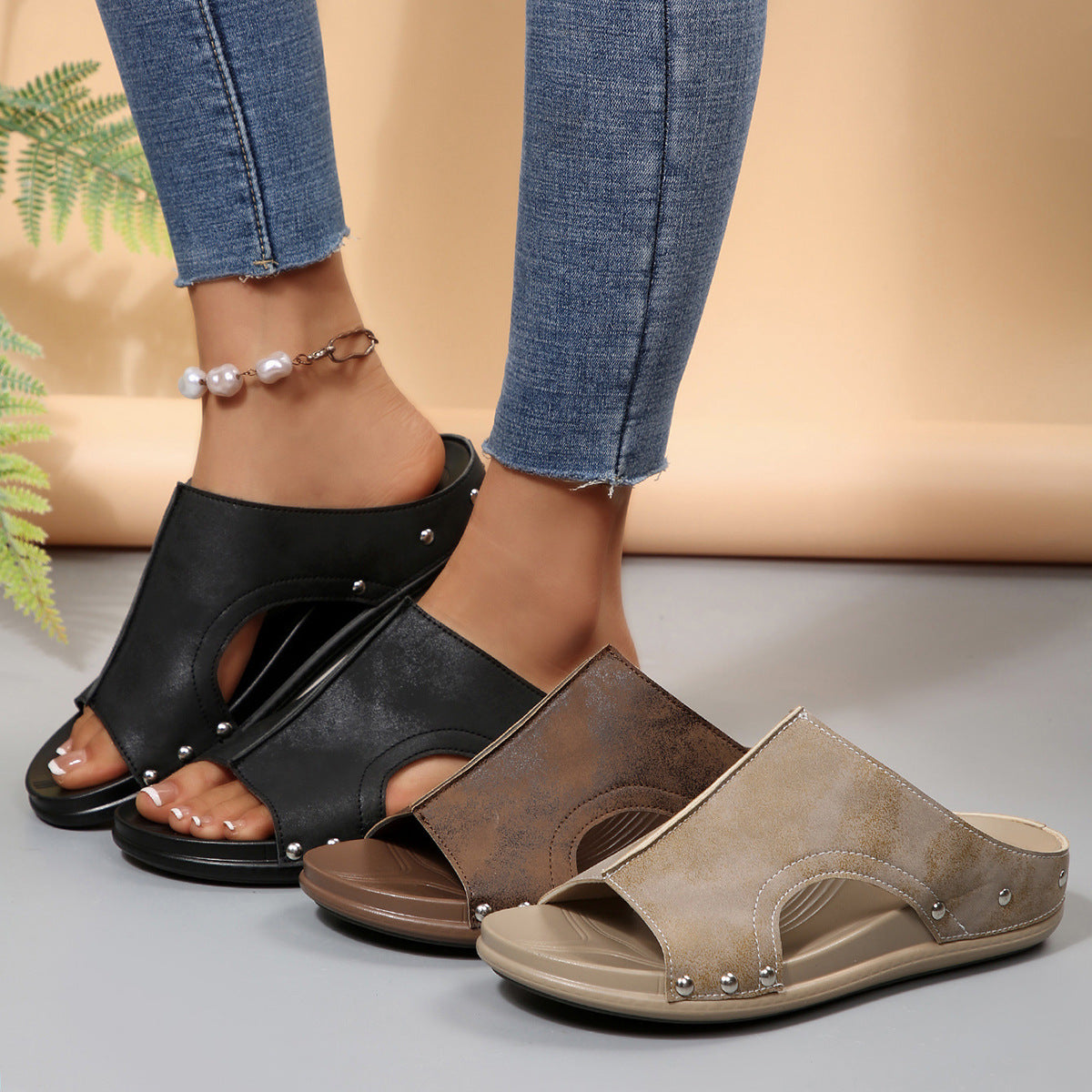 Rivet Hollow Out Cutout out Platform Slippers Women Outer Wear round Toe Fish Mouth Mid Heel Beach Slippers