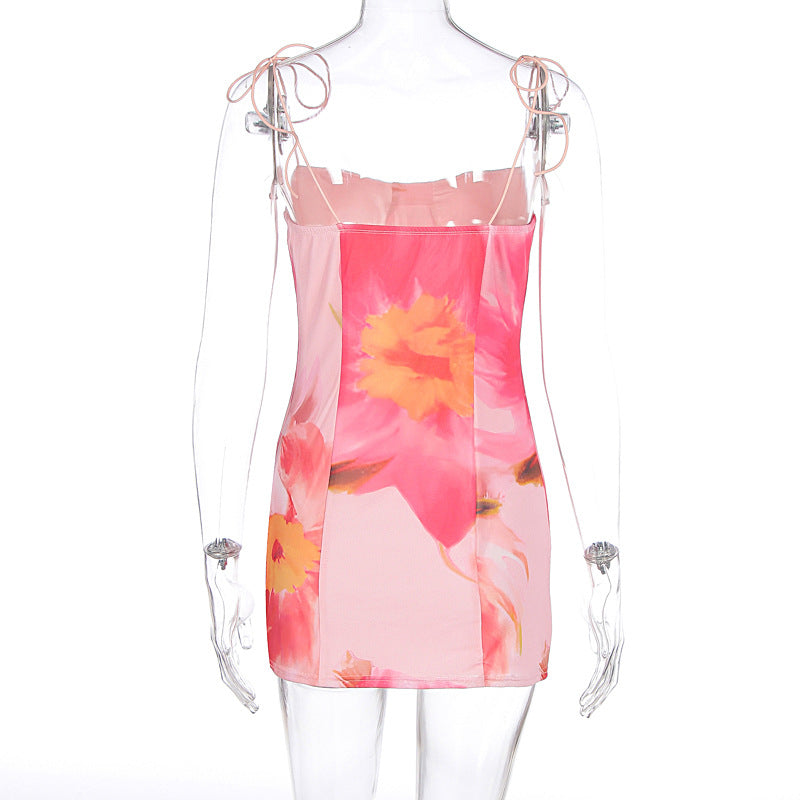 Summer Sexy Printing Lace up Backless Waist Slimming Sheath Dress