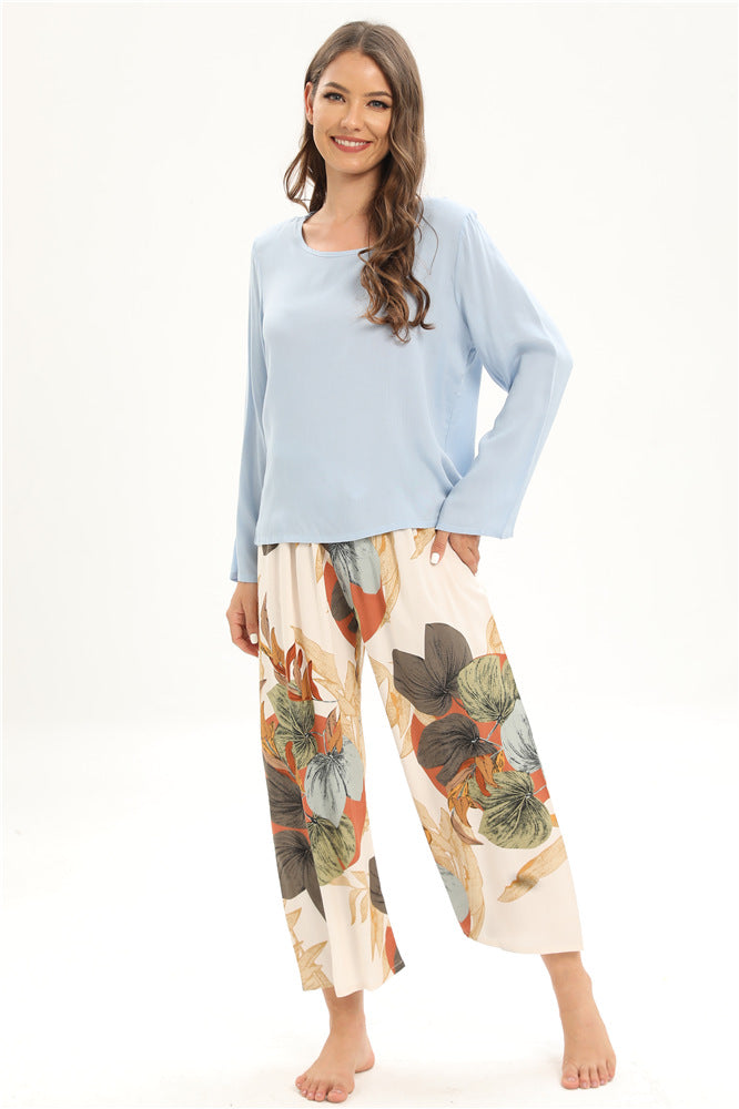 Rayon Home Wear Suit Casual Pajamas Women Long Sleeved Trousers