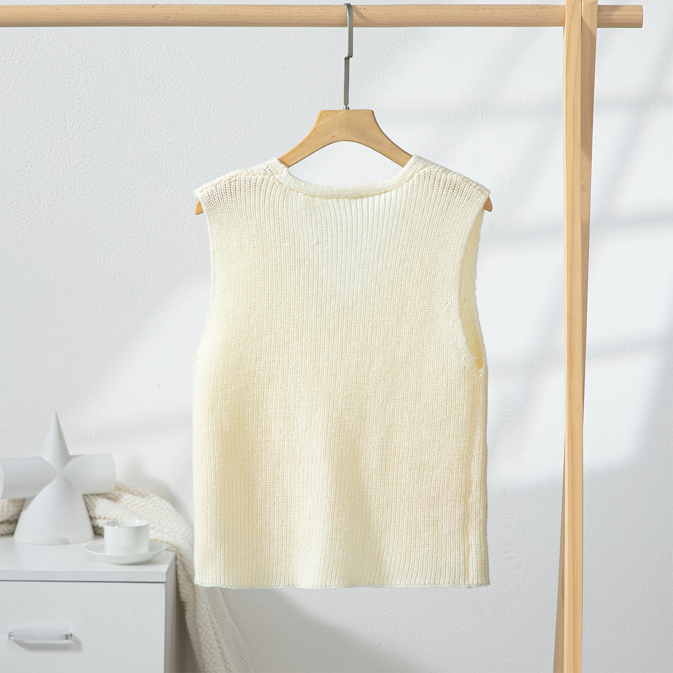 Solid Color Single Breasted Sweater Vest Summer V neck Pocket Knitted Vest
