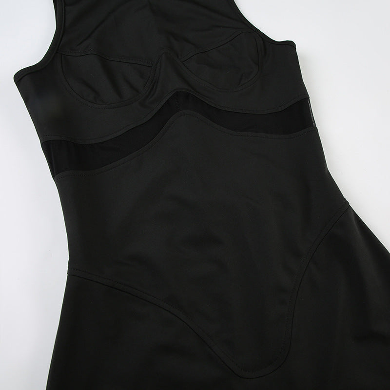 Street Mesh Stitching Hollow Out Cutout Sleeveless Romper Sexy Solid Color Tight Sports Waist Shaping Trousers