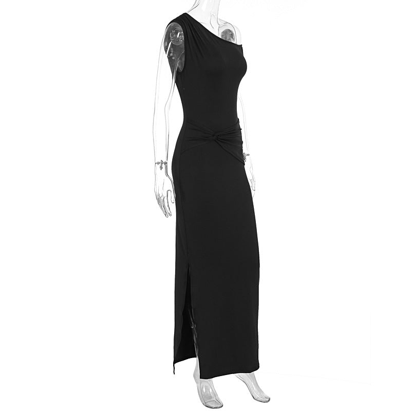 Summer Women Clothing Simple Intellectual Slant Shoulder Tight High Waist Pleated Split Dress