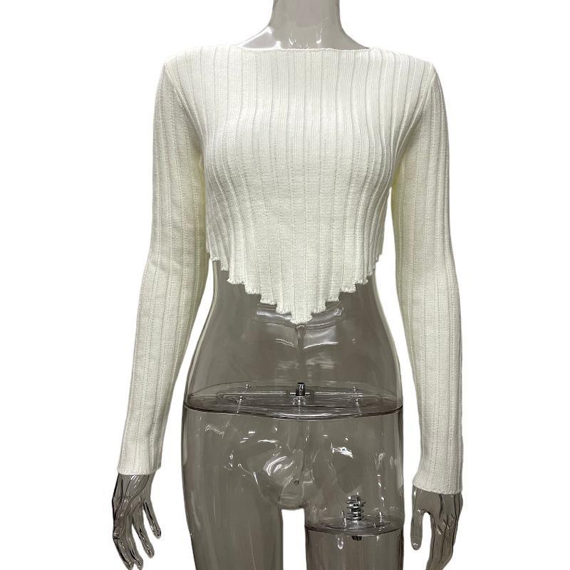 Spring Top Women Clothing Loose Rib Long Sleeves Cropped Short Sweater Women