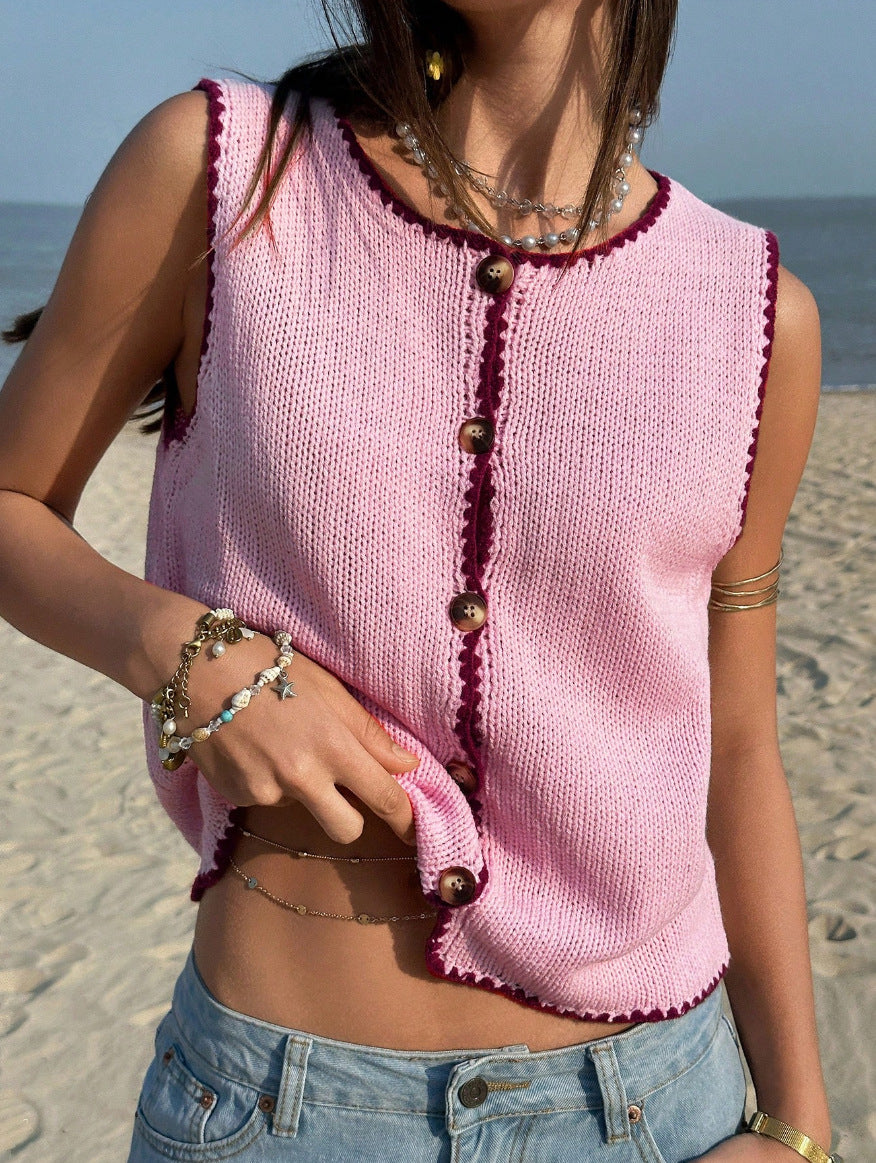 Summer Women Clothing Contrast Color Hook Vest Sleeveless Y2g Sexy Sweater
