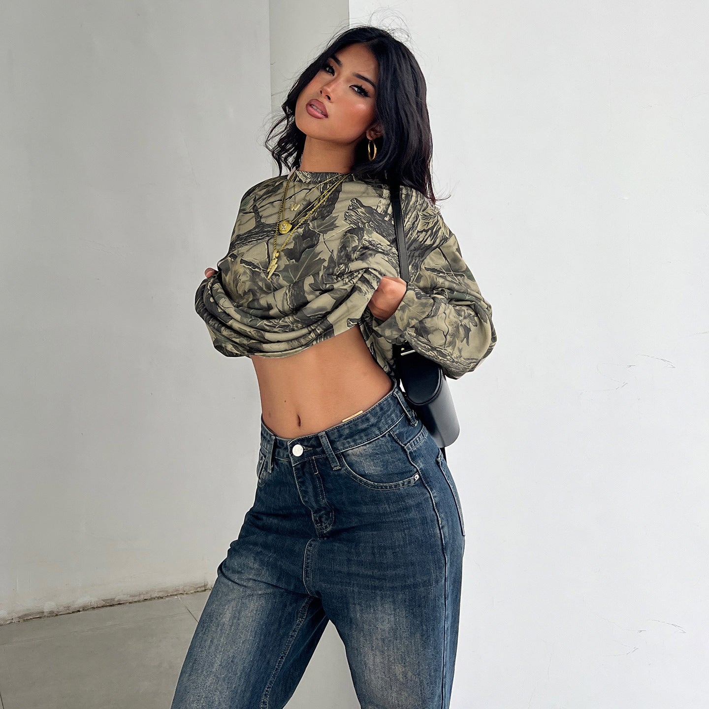 Retro Casual Camouflage Leaf Print Long Sleeve Crew Neck Sweater Spring Autumn Loose Long Sleeve Street Top