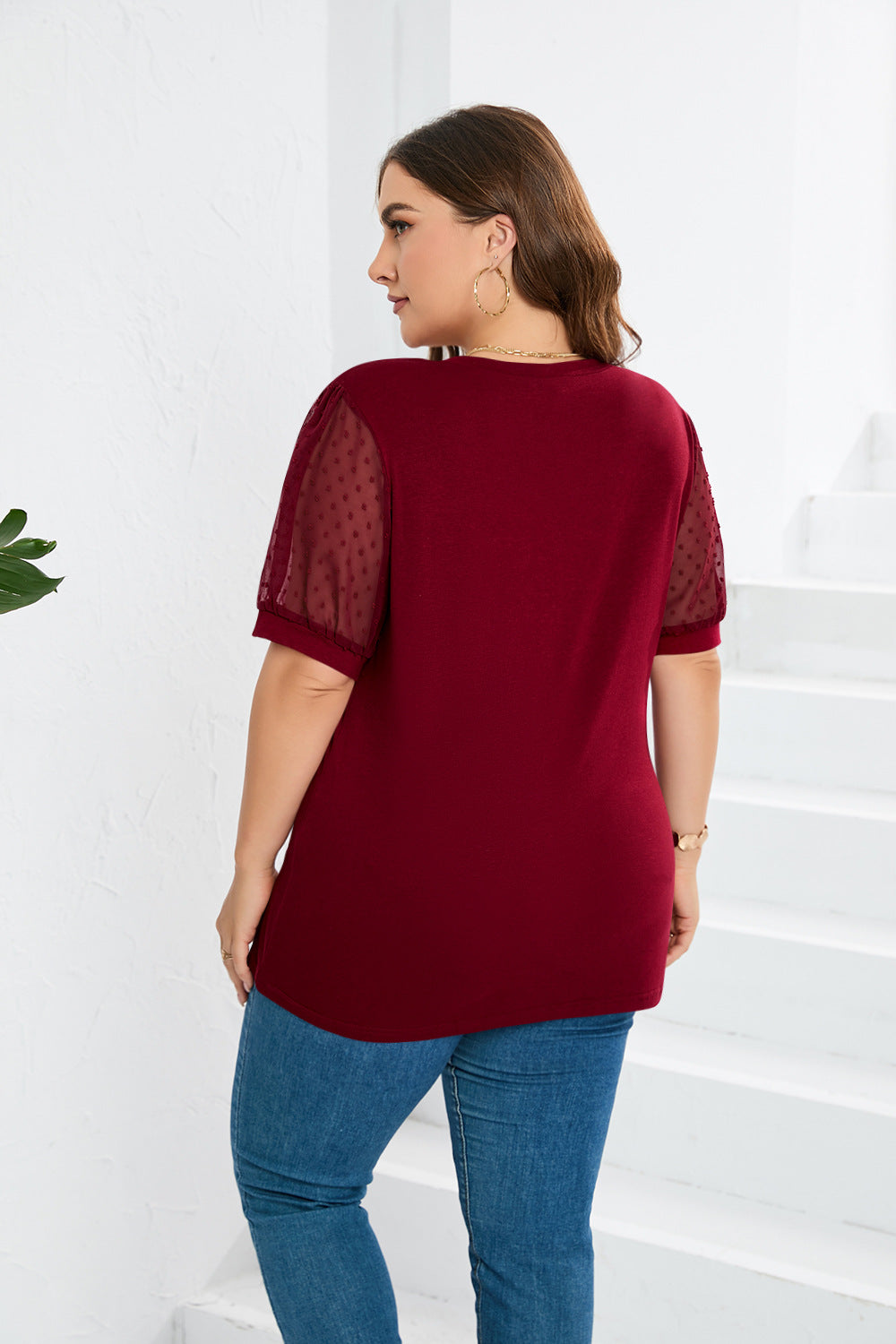 Women Clothing Mesh Fluffy Short Sleeve Puff Sleeve V neck Solid Color T shirt Women