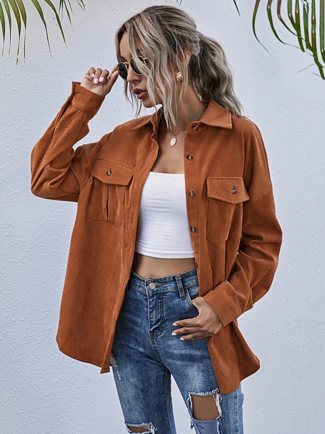 Autumn New Corduroy Shacket Collared Long Sleeve Loose Casual Jacket Women shacket