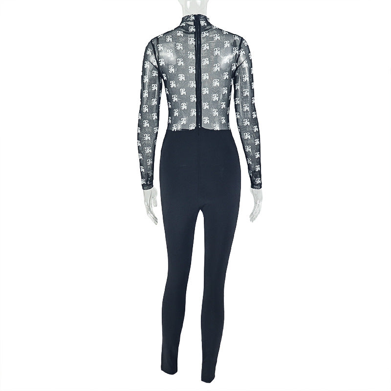 Women Clothing Stitching Micro Transparent Sexy Print Jumpsuit Skinny Sheath Slim Fit Long Sleeve Round Neck Jumpsuit