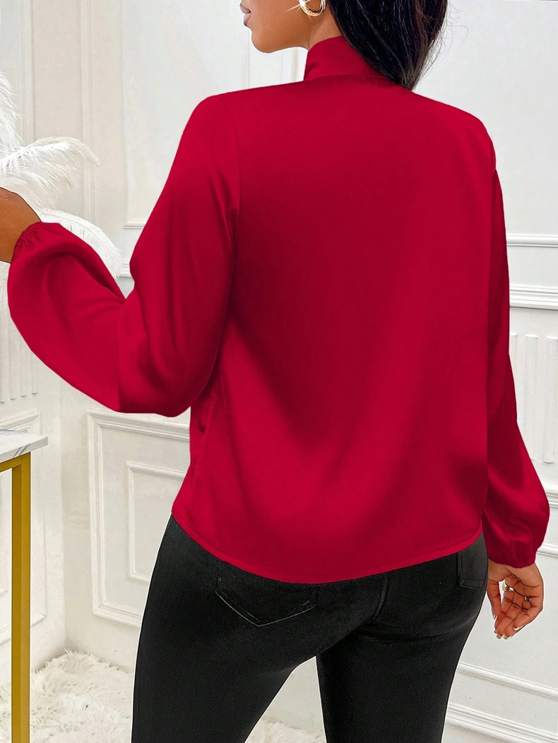 Women Clothing Autumn Satin Shirt Bow Long Sleeve Top