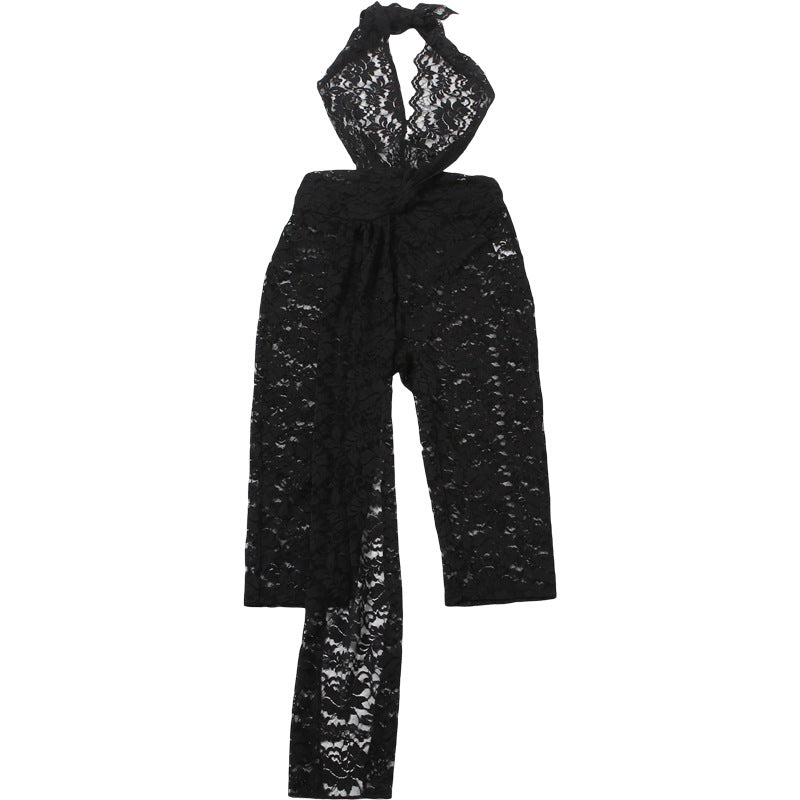 Autumn Winter Women Sexy Lace Halter Backless Ribbon High Waist Jumpsuit