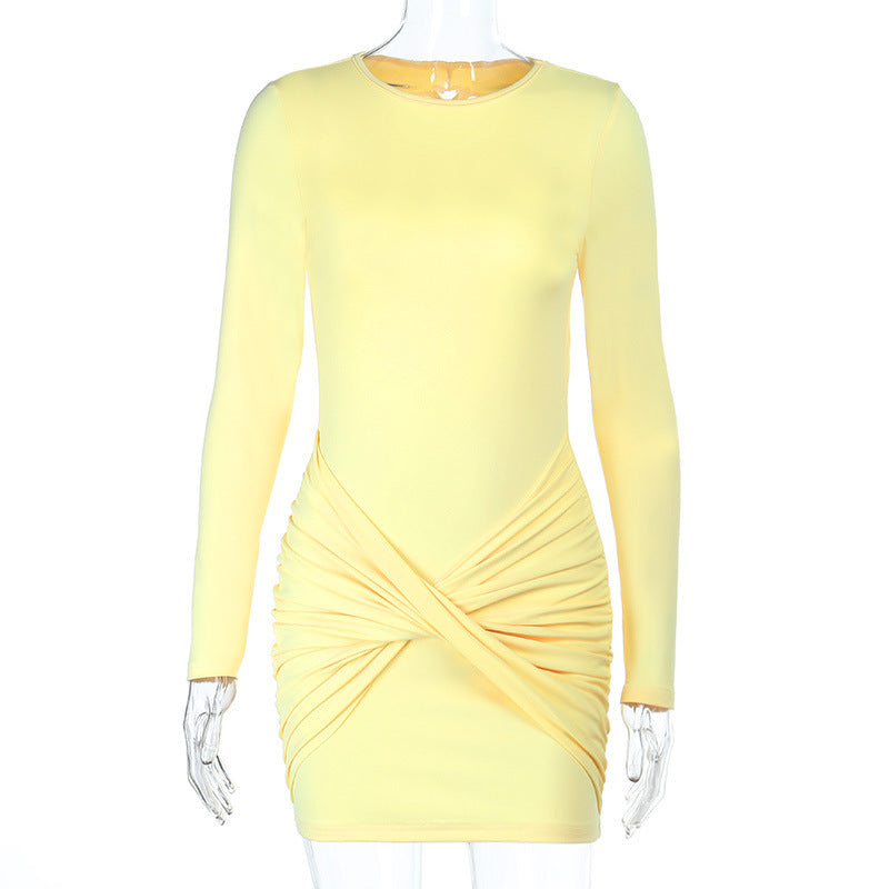 Backless Long Sleeves Twisted Hip Dress Women Autumn Sexy Solid Color Dress