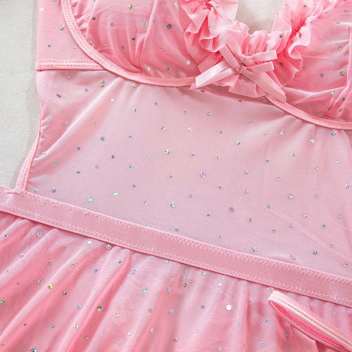 Sexy Lingerie Mesh Sequined Glitter Dots Elegant Lace Pleated Lace Transparent T Back