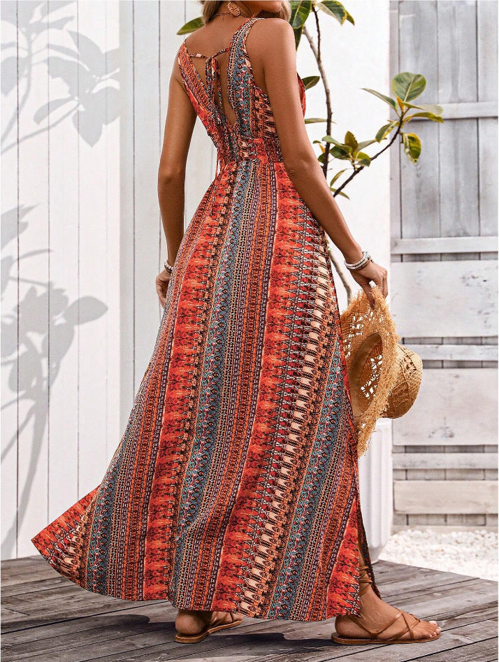 Summer Women V neck Split Sleeveless Dress