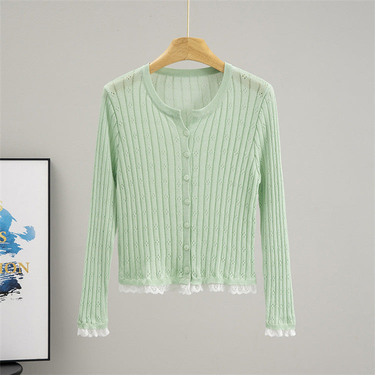 Hollow Out Cutout out Crocheted Lace Knitted Cardigan Women Summer Thin Slub Linen Sun Protection Shirt Top