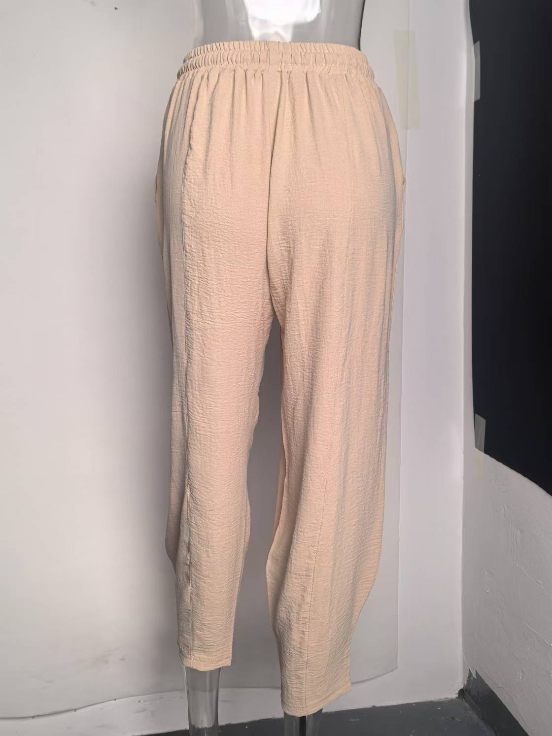 Women Clothing Spring Summer High Waist Loose Vacation Casual Drawstring Pocket Cropped Pants