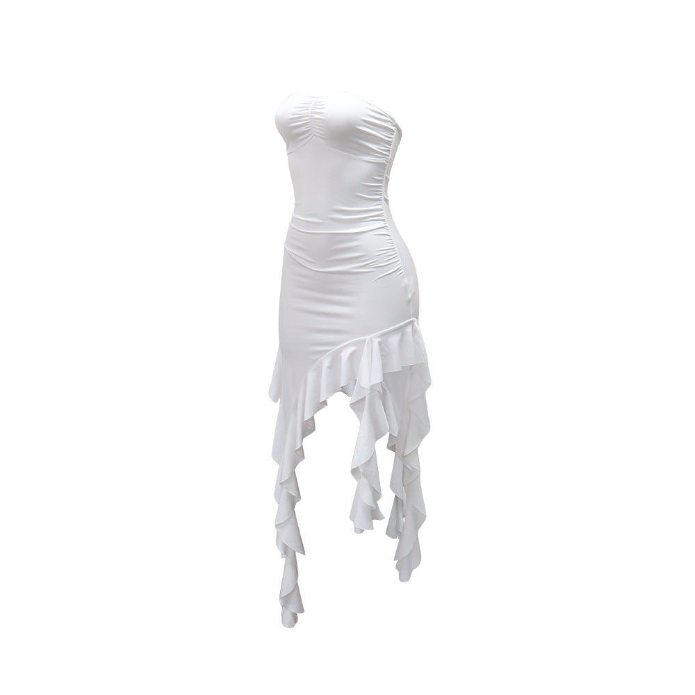 Tube Top Irregular Asymmetric Dress Solid Color Ruffles Dress Women Sheath