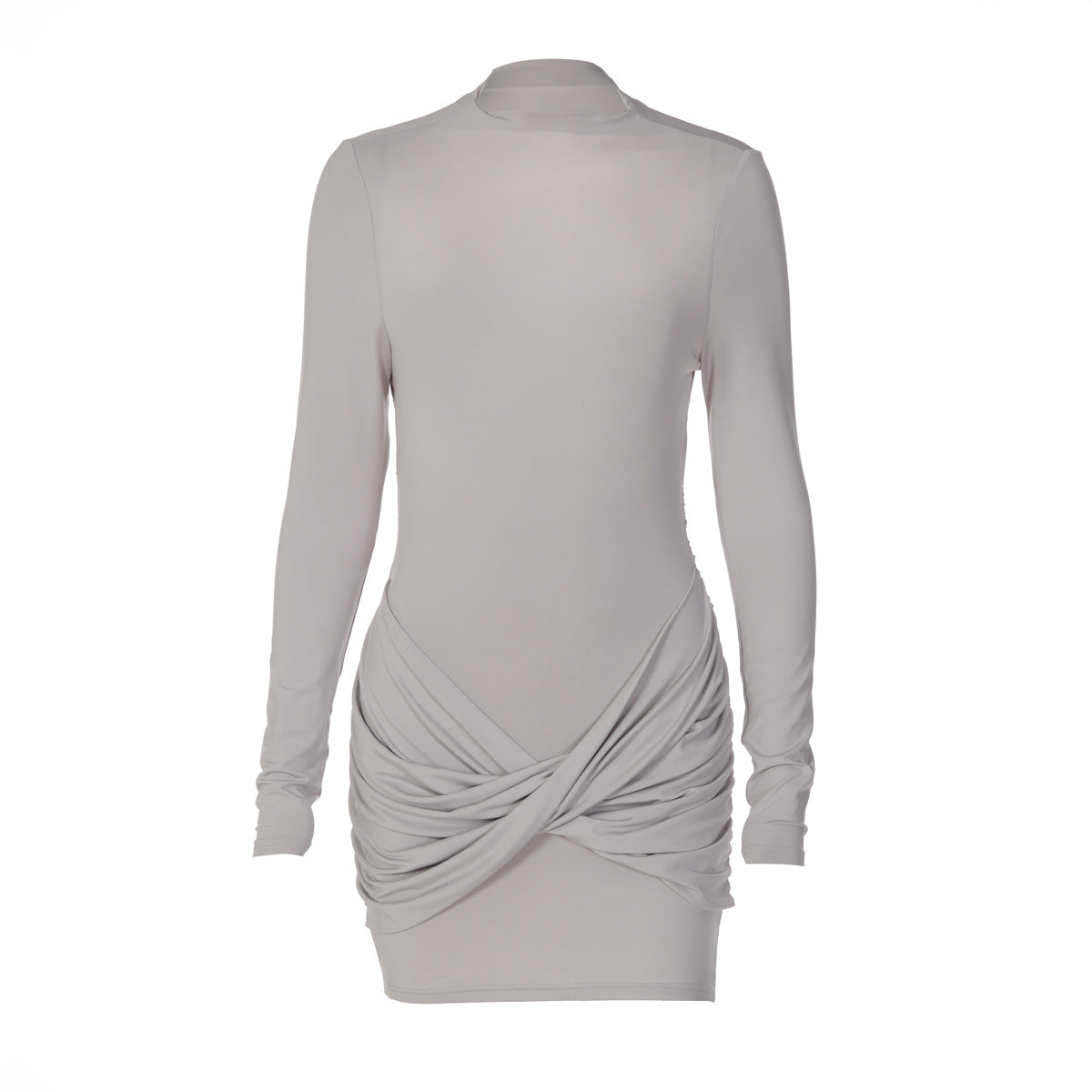 Women Clothing Solid Color Long Sleeve round Neck Pleated Slim Fit Backless Dress for Women