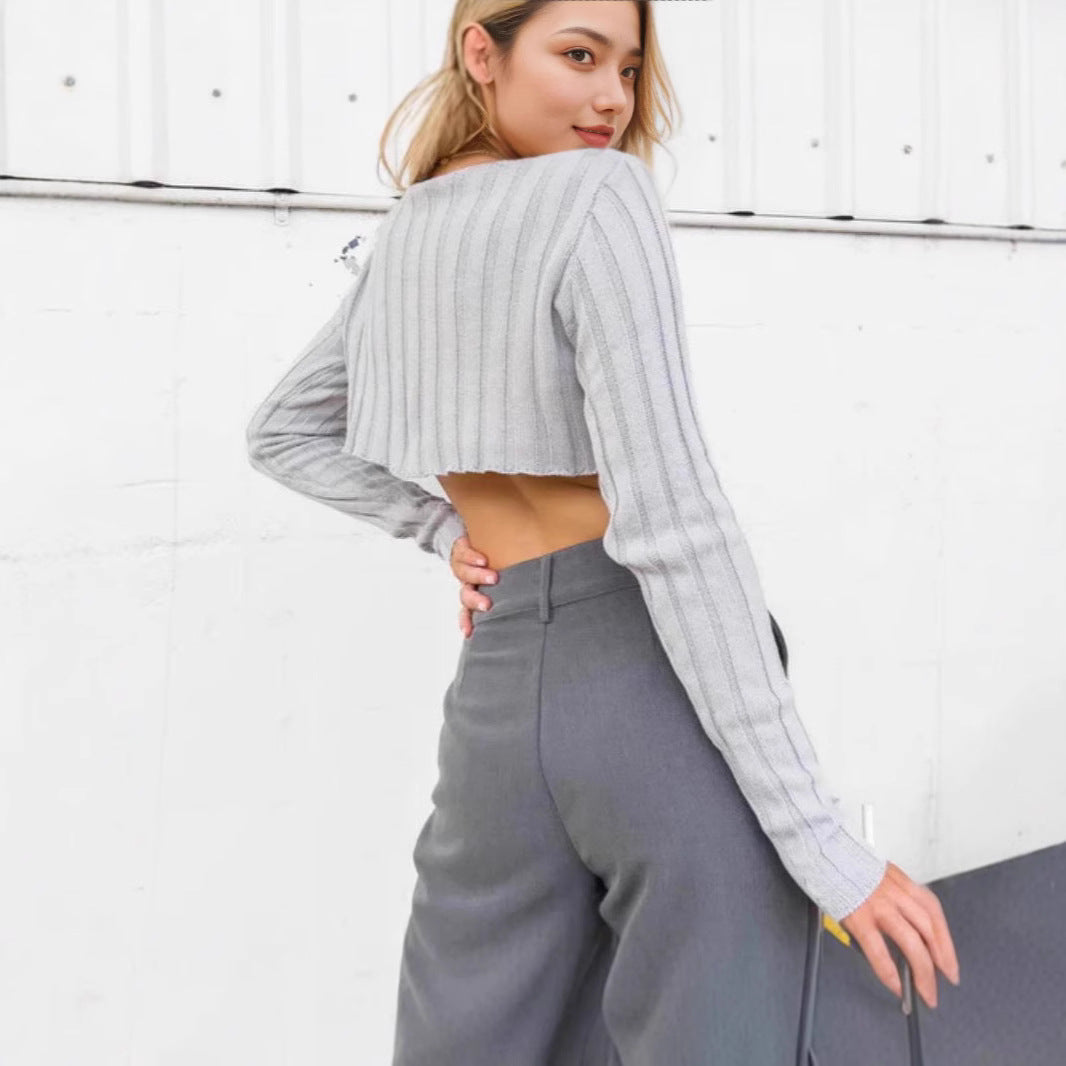 Spring Top Women Clothing Loose Rib Long Sleeves Cropped Short Sweater Women