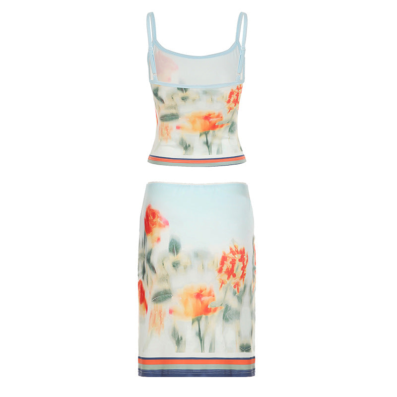 Vacation Skirt Two Piece Retro Sunset Tie Dye Printed Tube Top Dress Sling Mid Length Skirt Set