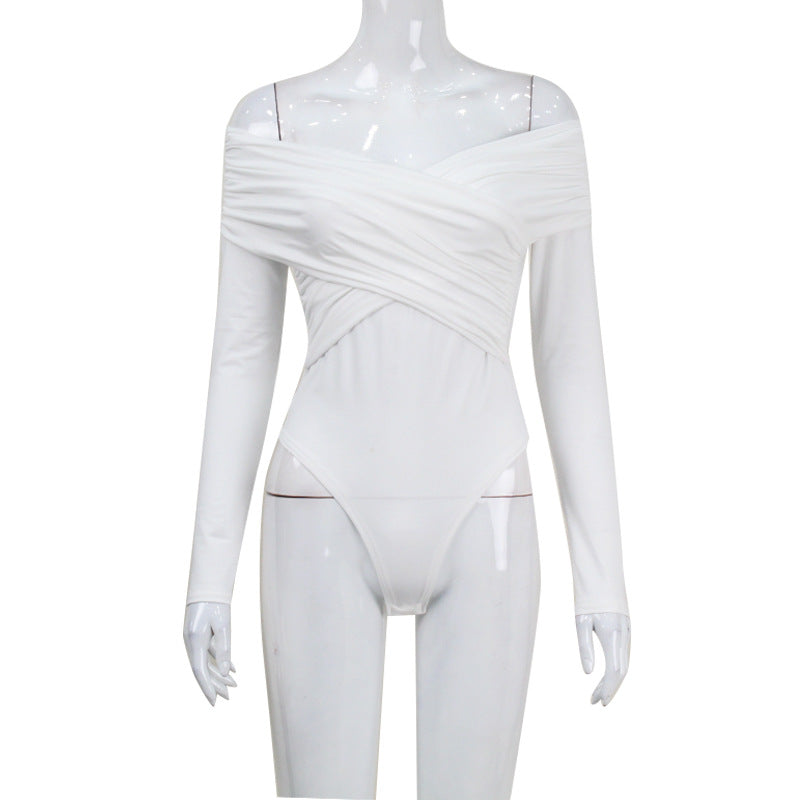 Women Clothing Popular Sexy off the Shoulder Long Sleeve Cross Pleated Slim High Waist Cold Shoulder Elegant Jumpsuit