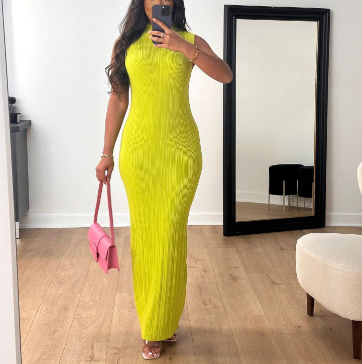 Women Clothing Summer Casual Knitted Sleeveless Round Neck Dress Women