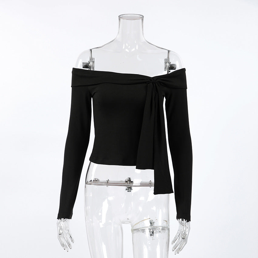Intellectual off Neck Lace up Bow Long Sleeved Fitted T shirt Women Sexy Cold Shoulder Elegant Office All Matching Top