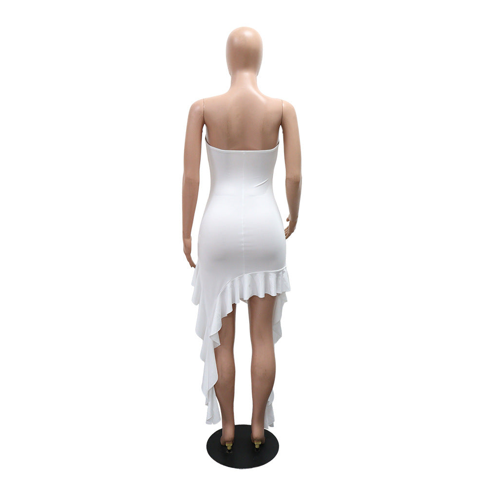Tube Top Irregular Asymmetric Dress Solid Color Ruffles Dress Women Sheath