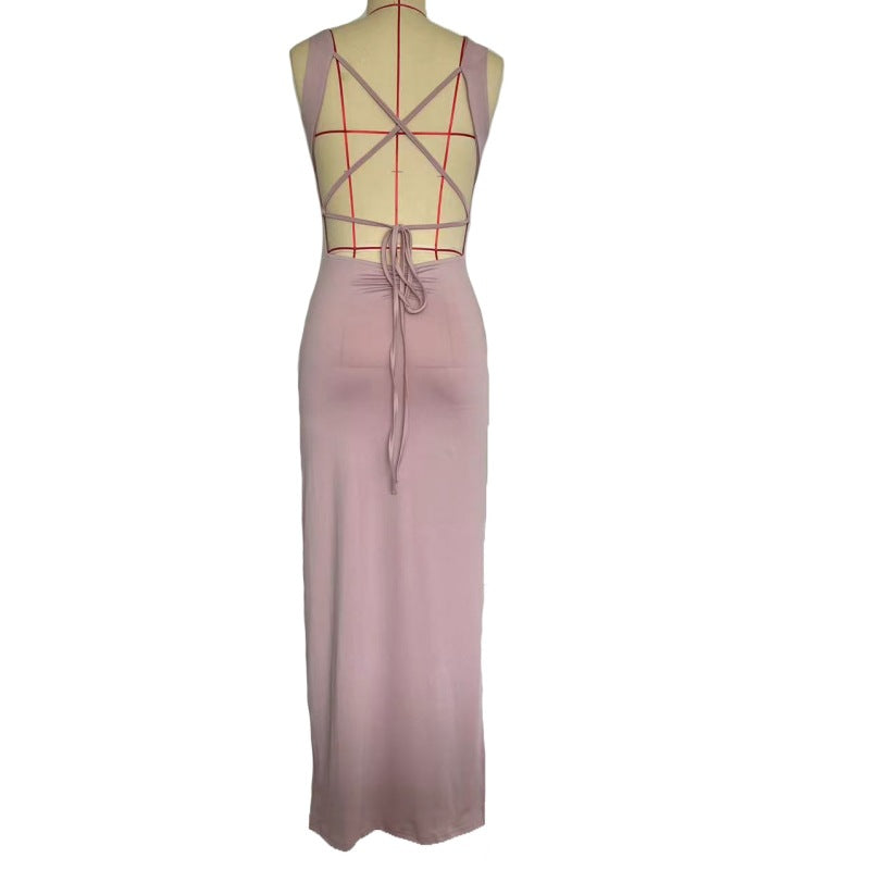 Party Sexy Backless Cross Strap Split Maxi Dress Elegant High-Grade Cami Dress for Women