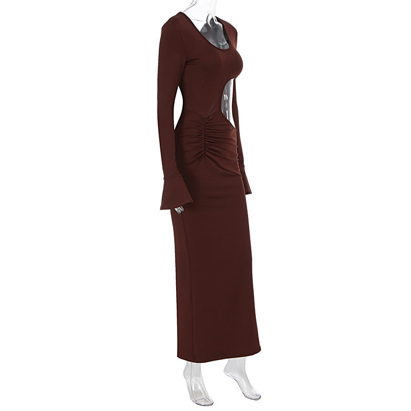 Women Clothing Fashionable Elegant Sexy Hollow Out Cutout Slim Fit U Neck Long Sleeved Dress