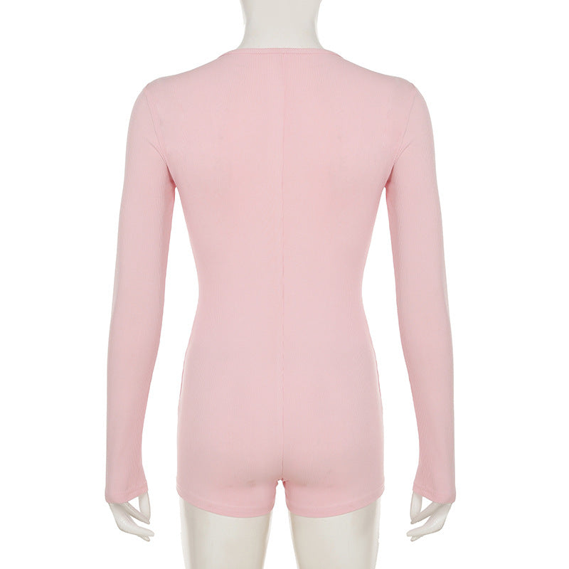 Solid Color Jumpsuit Autumn Slimming Breasted Bottoming Sexy Long Sleeve Romper
