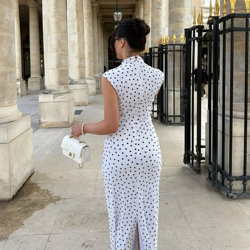 Women Clothing French Classical Cheongsam Slim round Neck Sleeveless Slimming Polka Dot Print Dress Women