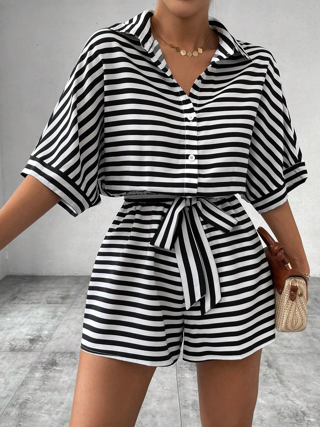 Summer Women Clothing Striped Collared Cardigan Button Half Sleeve Shorts Jumpsuit
