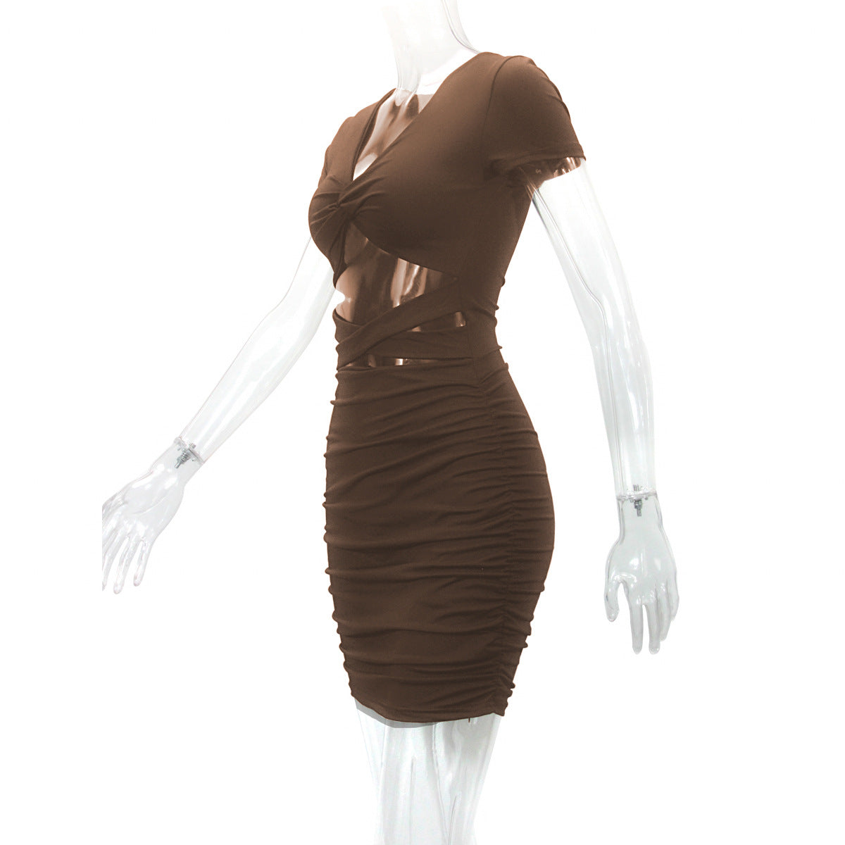 Autumn Winter Women Hip Dress Sexy V Neck Hollow Out Cutout Ties Pleated Dress