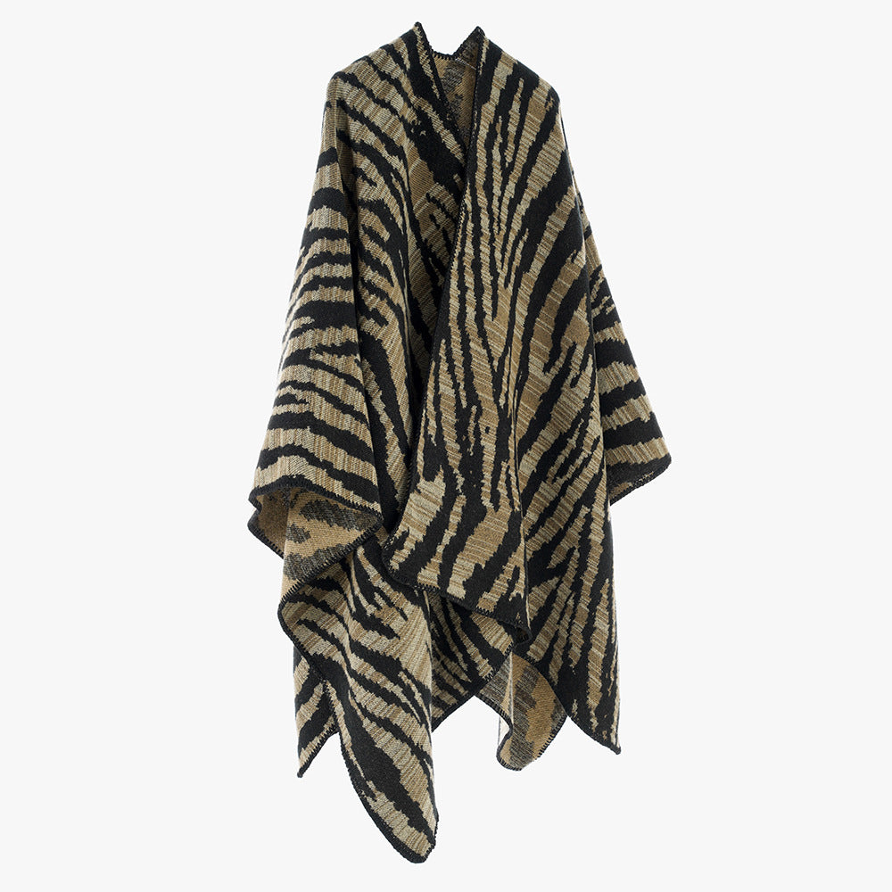 Fashionable Striped Shawl Women Autumn Winter Korean Striped Color Matching Zebra Pattern Warm Cashmere like Shawl Trendy