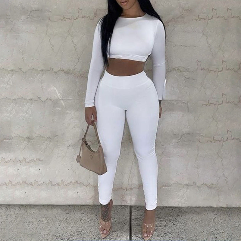 Women Clothing Autumn Simplicity round Neck Long Sleeve Top Low Waist Hip Wrapped Tight Trousers Two Piece Sets