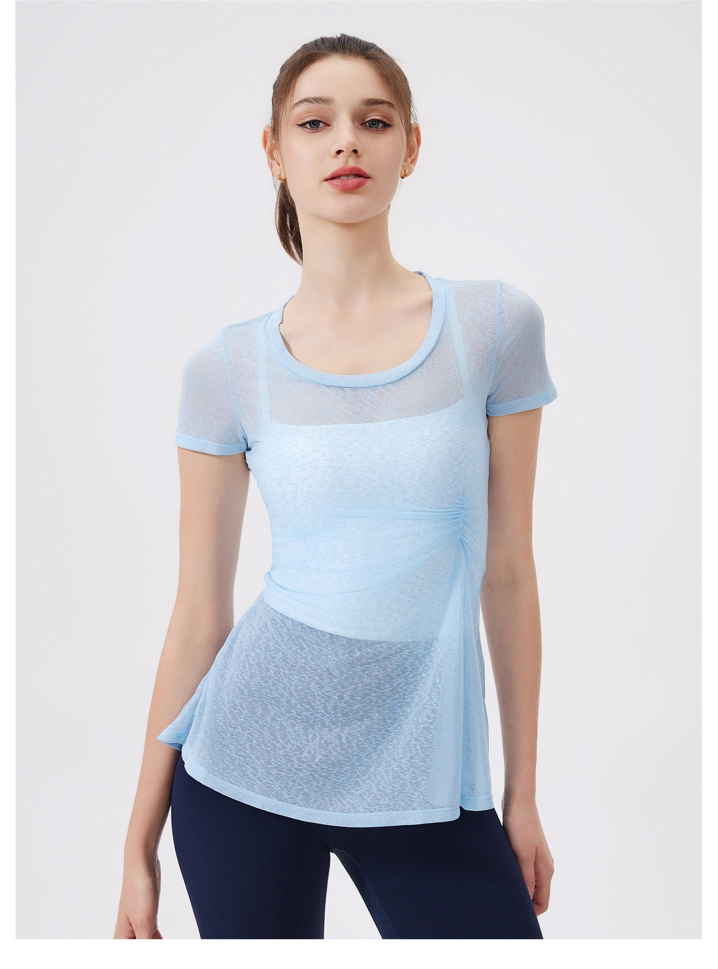 Thin Short Sleeve Slim Fit Breathable Yoga Blouse round Neck Mid Length Waist Fitness Clothes Yoga Clothes Workout Top