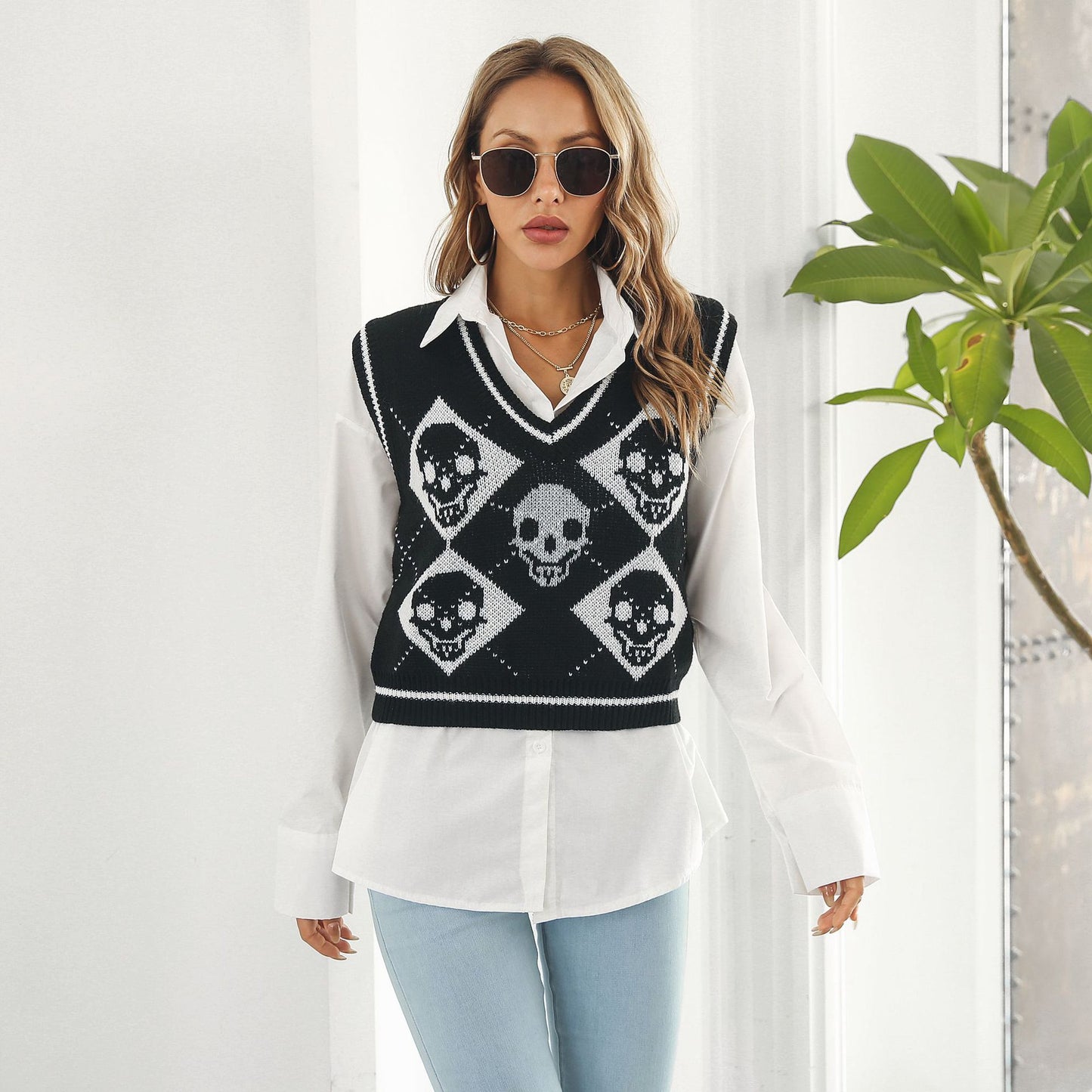 Halloween Skull Jacquard Rhombus Vest Sweater Women Vest Knitwear Autumn Winter