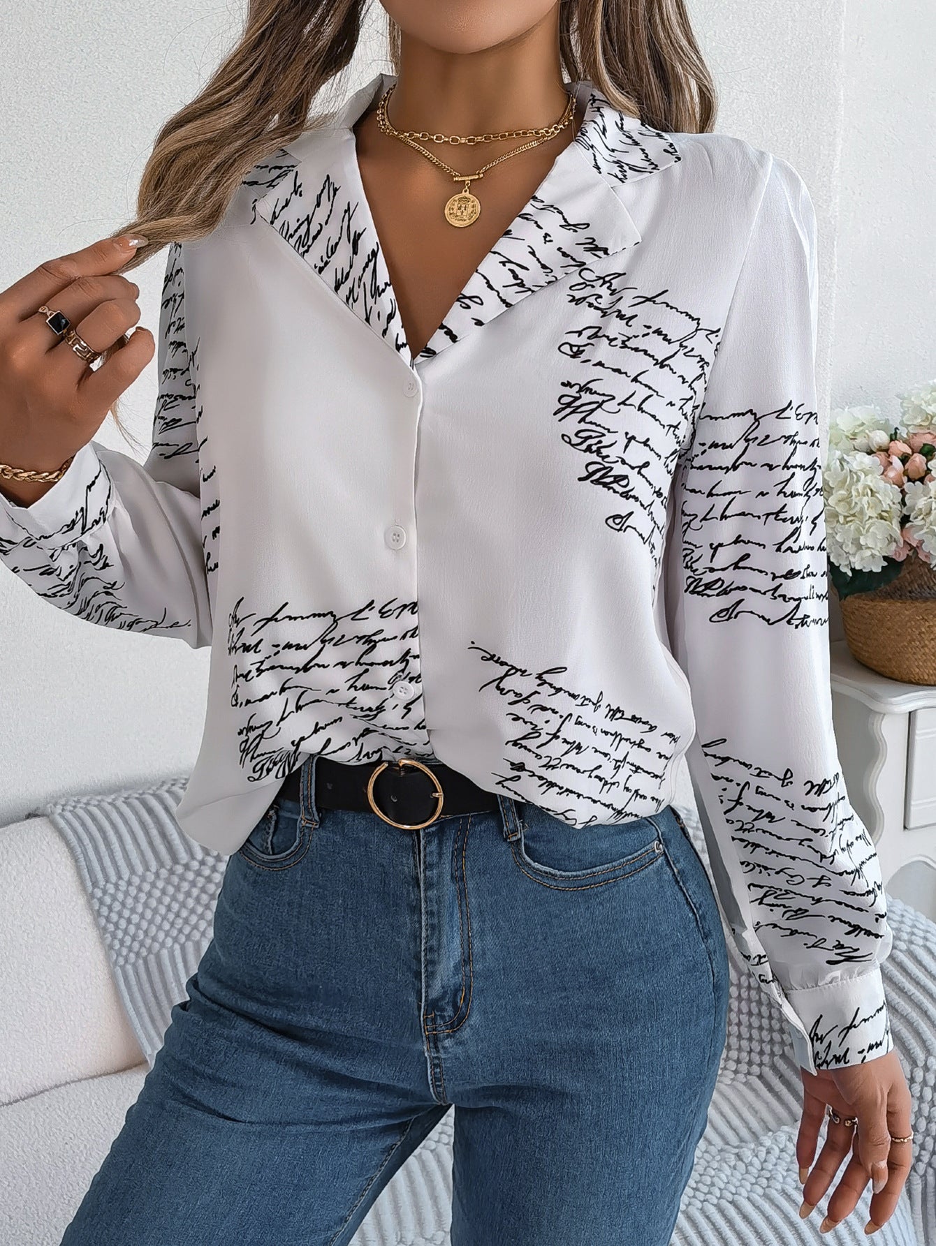 Autumn Winter Casual All Match Letters Suit Collar Long Sleeve Shirt Women Clothing