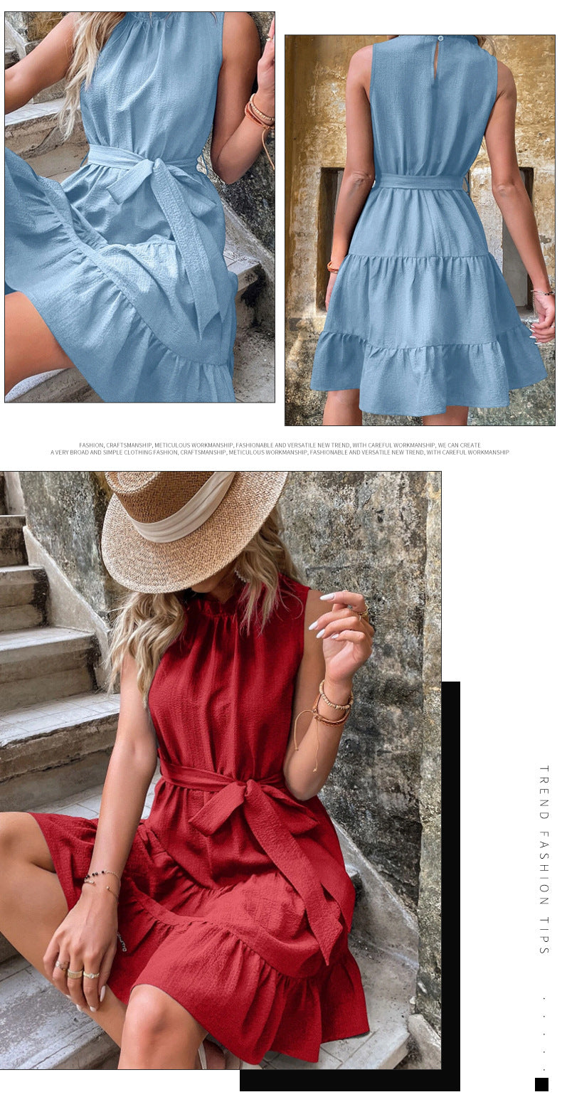 Summer Office Lace up Waist Women Dress Slim Beach Dress