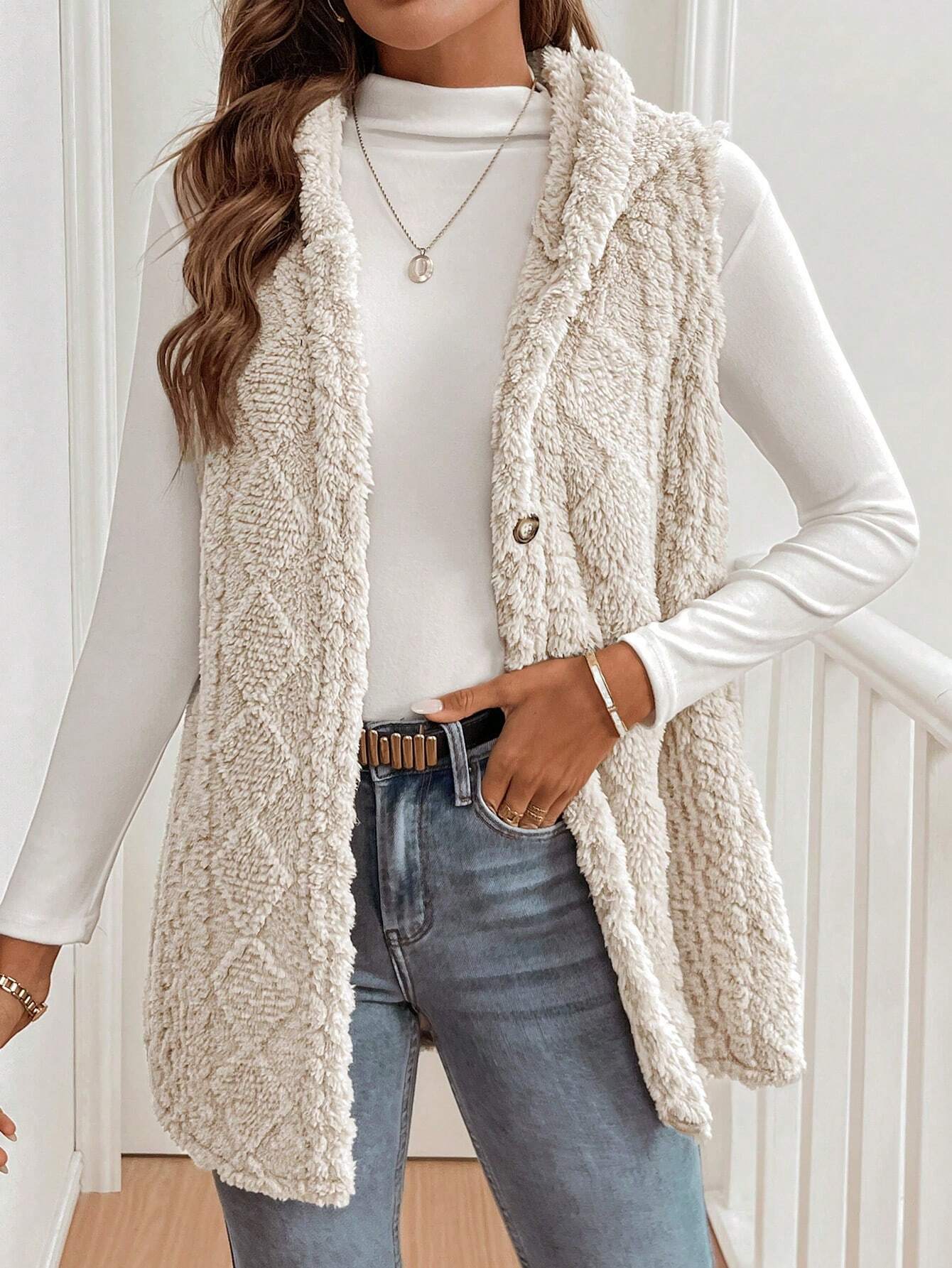Autumn Winter Women Double Sided Plush Casual Hooded Cardigan Vest