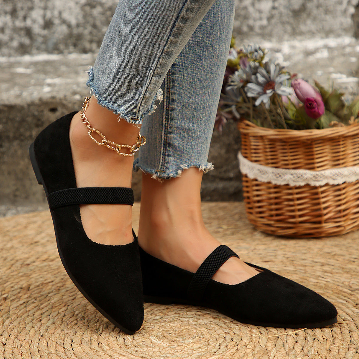Pointed Toe Rhinestone Low Cut Flat Pumps Women Suede Four Seasons Work Shoes Supply