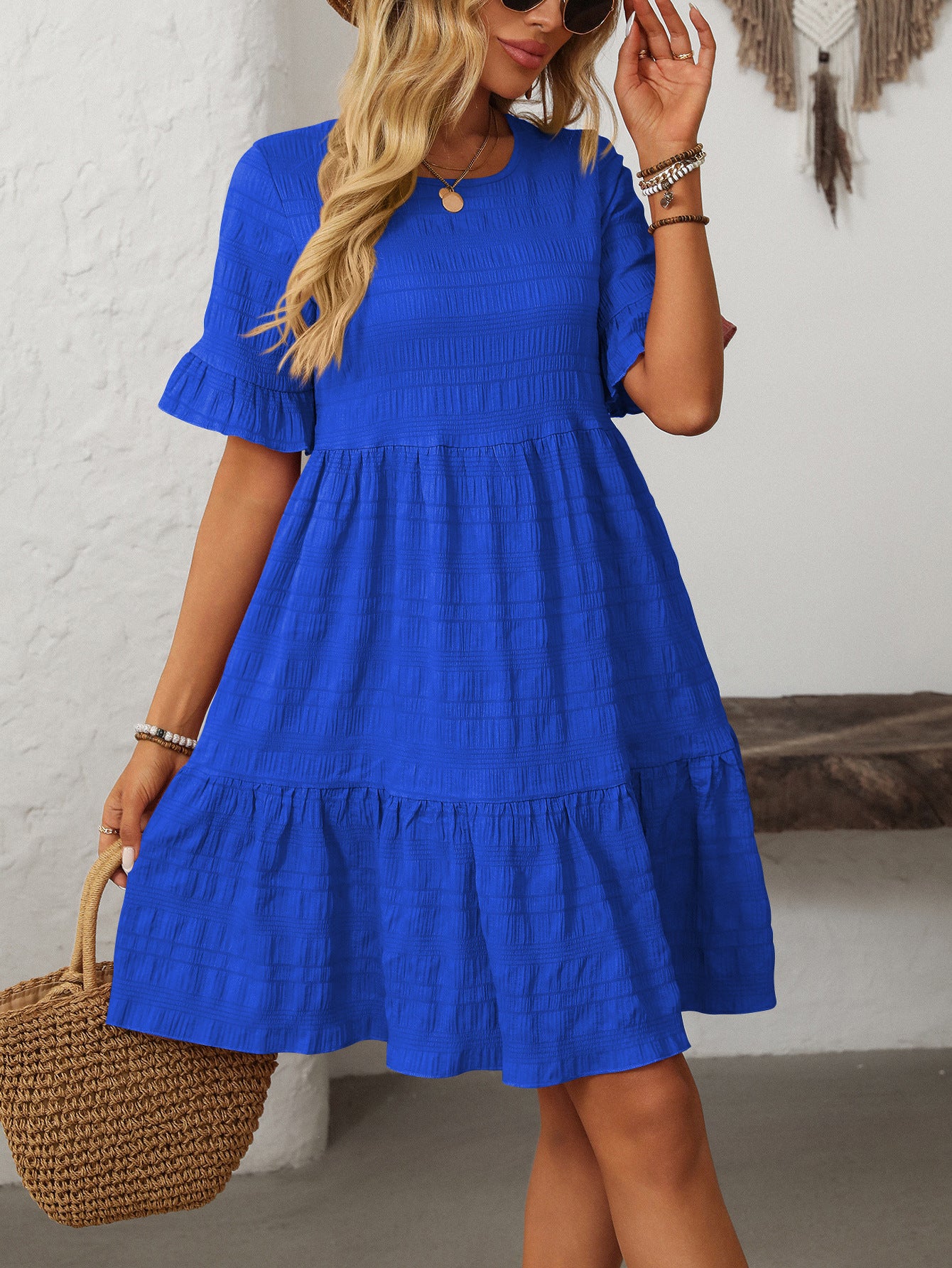 Spring Summer Women Clothing Loose Casual Short Sleeve Flowy Dress