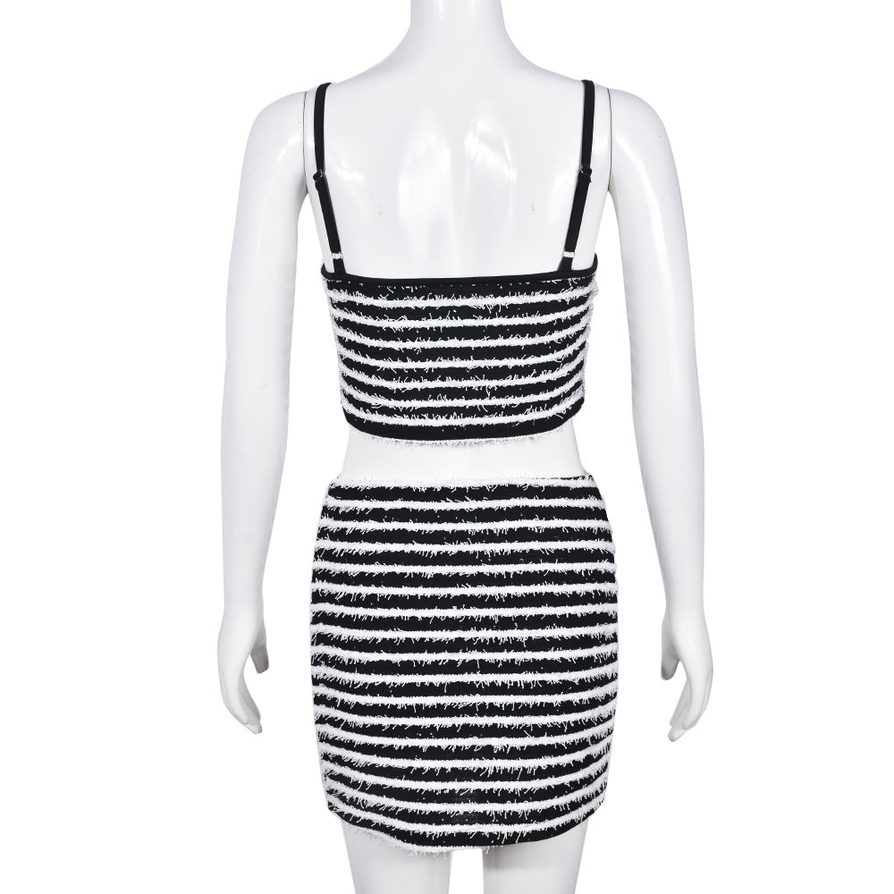 Self Designed Women Clothing Hollow Out Cutout Cropped Contrast Color Sling Top Skirt Two Piece Set