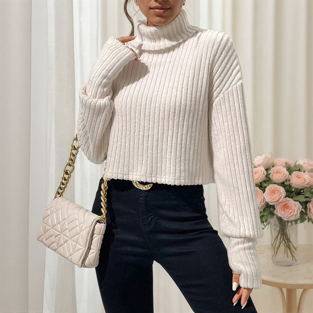 Autumn Winter Solid Color Thread Knitted Pullover High Collar Short Section Bottoming Top