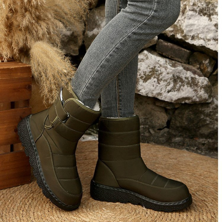 Winter Fleece Lined Warm Slugged Bottom Snow Boots Women Velcro down Cloth Mid Calf Cotton Shoes